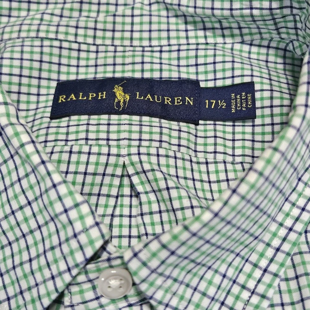 Ralph Lauren Mens Shirt 17.5‎ Green Blue  Checked Button Down Pony Long Sleeve